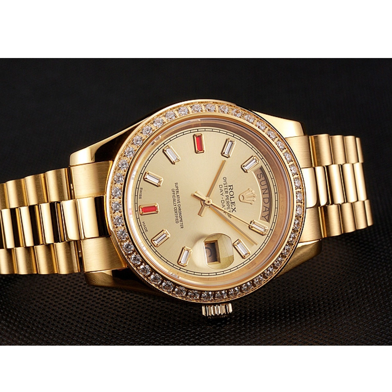 Aaa replica watch Swiss 1454100 And Champagne Bracelet Diamonds Dial Rubies Rolex Day-Date Gold 0709